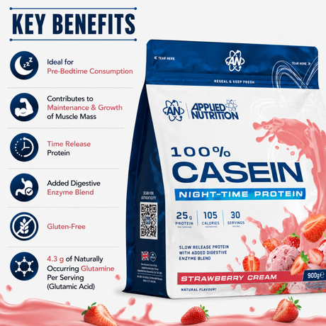 Applied Nutrition 100% Casein Night-Time Protein Strawberry Cream 900g showing key benefits and nutrition facts.