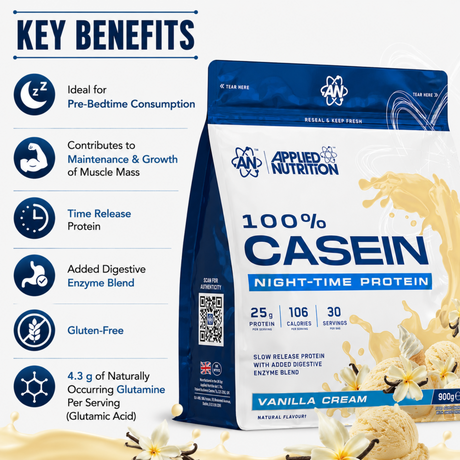 Applied Nutrition 100% Casein Night-Time Protein Vanilla Cream 900g showing key benefits and nutrition facts.