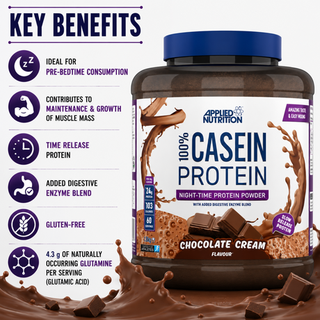 Applied Nutrition 100% Casein Protein Powder Chocolate Cream 1.8kg showing key benefits and nutrition facts.