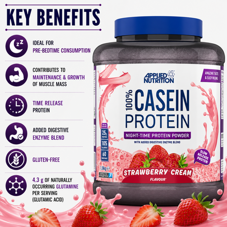 Applied Nutrition 100% Casein Protein Strawberry Cream key benefits including time release protein, muscle maintenance, digestive enzymes, and gluten free formula.
