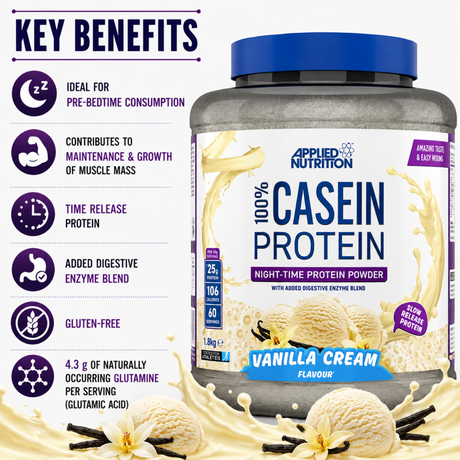 Applied Nutrition 100% Casein Protein Vanilla Cream key benefits including time release protein, muscle maintenance, digestive enzymes, and gluten free formula.