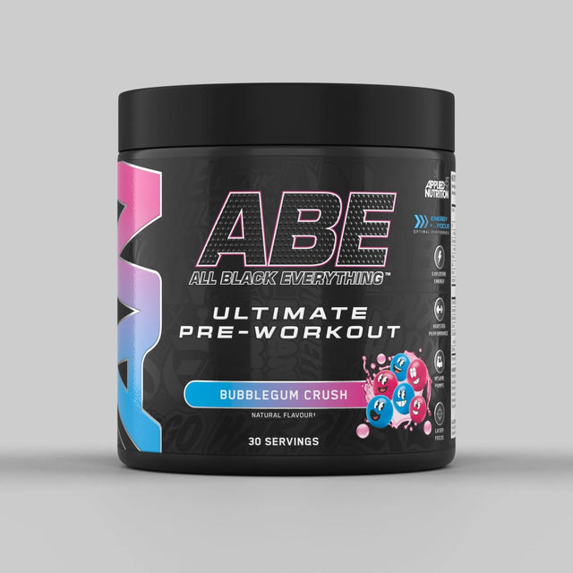 Applied Nutrition ABE (All Black Everything) Ultimate Pre-Workout supplement tub in Bubblegum Crush flavour, a black container highlighting its benefits for energy, focus, and muscle pumps, with 30 servings.