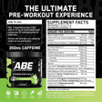 Applied Nutrition ABE All Black Everything Pre-Workout Supplement Facts label showing 6g Citrulline, 3g Beta-Alanine, and 350mg Caffeine.