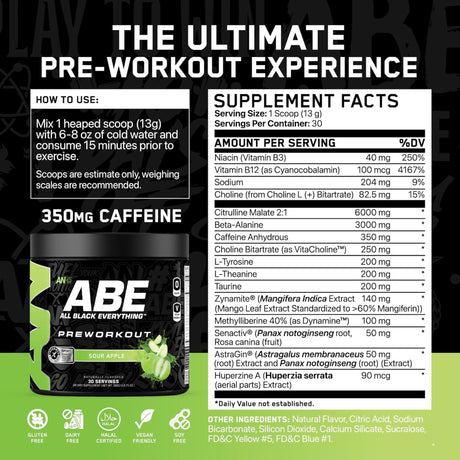Applied Nutrition ABE All Black Everything Pre-Workout Supplement Facts label showing 6g Citrulline, 3g Beta-Alanine, and 350mg Caffeine.