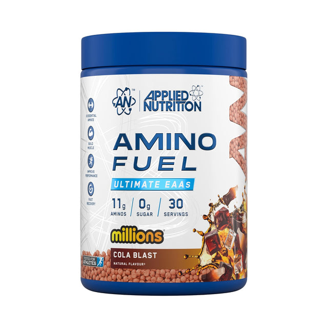 Applied Nutrition Amino Fuel EAA supplement Millions Cola Blast flavor sugar free amino powder.