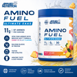 Applied Nutrition Amino Fuel Ultimate EAAs Fruit Salad flavor packaging. Shows 11g essential amino acids per serving, zero sugar, 30 servings, Halal certified logo, and Made in the UK badge.