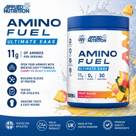 Applied Nutrition Amino Fuel Ultimate EAAs Fruit Salad flavor packaging. Shows 11g essential amino acids per serving, zero sugar, 30 servings, Halal certified logo, and Made in the UK badge.