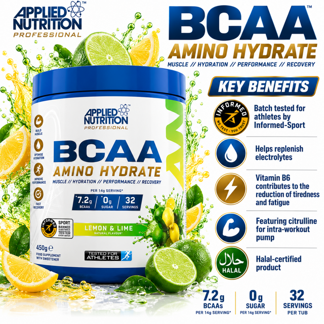 Applied Nutrition BCAA Amino Hydrate Lemon and Lime 450g with 7.2g BCAAs and zero sugar per serving