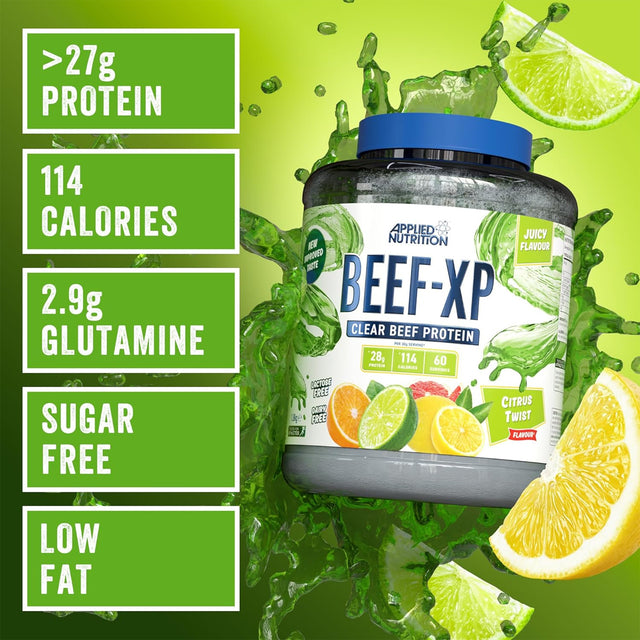 Applied Nutrition BEEF-XP Clear Beef Protein Citrus Twist flavor with 27g protein, 114 calories, sugar-free and low fat