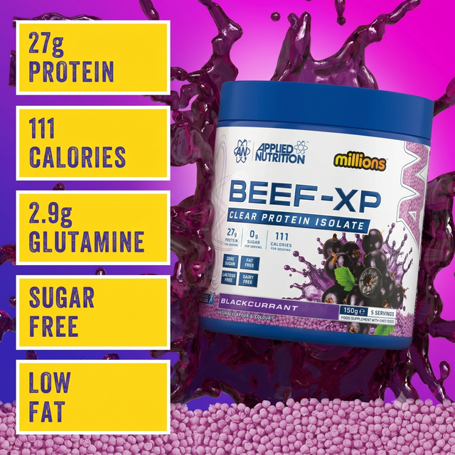 Applied Nutrition Beef-XP Clear Protein Isolate Blackcurrant 150g with 27g protein, 111 calories, sugar free and low fat formula.