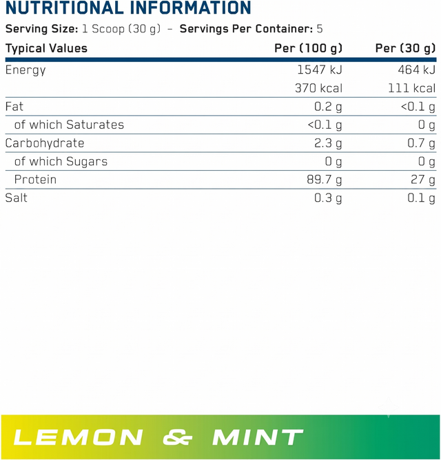Nutrition facts label of Applied Nutrition Beef-XP Clear Protein Isolate showing 27g protein, 111 calories, 0g sugar, low fat and glutamine content per serving.