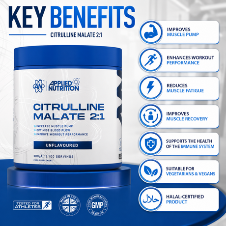 Applied Nutrition Citrulline Malate 2:1 300g Unflavoured with 100 servings, supports muscle pump, workout performance, endurance, and recovery.