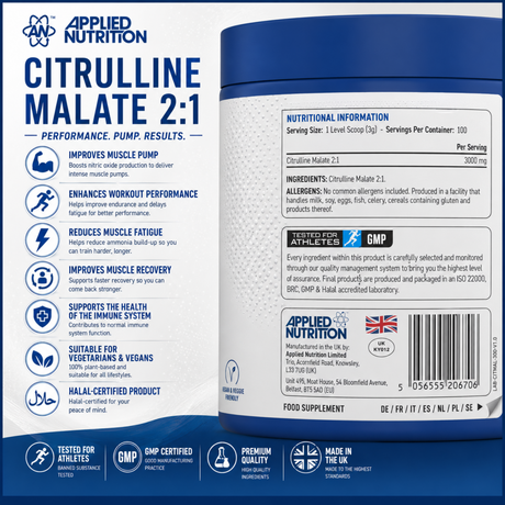 Applied Nutrition Citrulline Malate 2:1 nutrition facts label showing 3g per serving, 100 servings, key performance benefits, vegan friendly, GMP certified, and made in the UK.