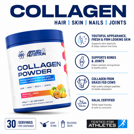 Applied Nutrition Collagen Powder Tropical Vibes 165g container displaying key benefits including 5000mg grass-fed collagen peptides, Vitamin C, Hyaluronic Acid, Biotin, and Halal certification.