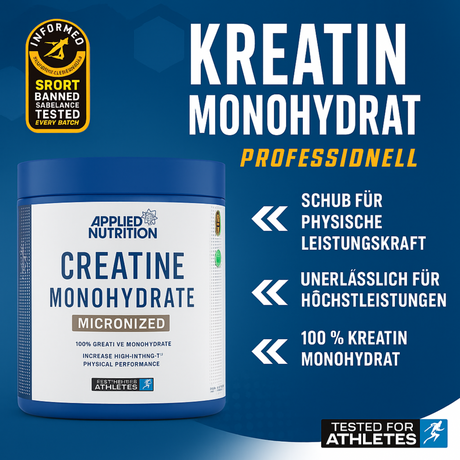 Applied Nutrition Creatine Monohydrate Micronized powder tub with Informed Sport certification, designed to boost physical performance, enhance strength, and support high-intensity training for athletes.