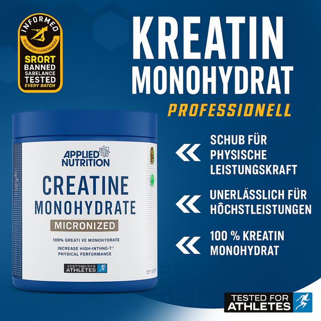 Applied Nutrition Creatine Monohydrate Micronized powder tub with Informed Sport certification, designed to boost physical performance, enhance strength, and support high-intensity training for athletes.