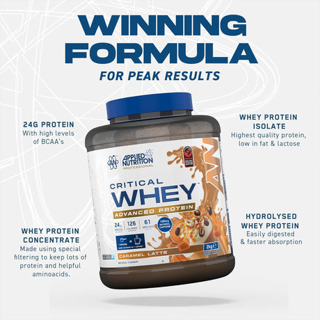 Applied Nutrition Critical Whey Advanced Protein in Caramel Latte flavor, featuring a blend of Whey Isolate, Concentrate, and Hydrolysed protein with 24g protein and 100mg caffeine.
