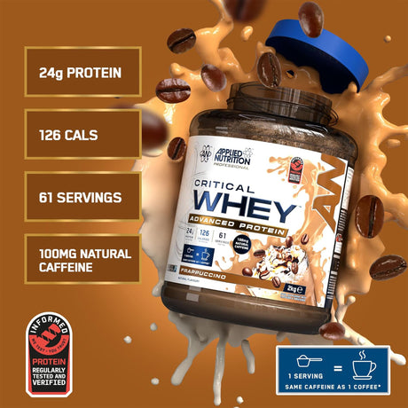 Applied Nutrition Critical Whey Advanced Protein Frappuccino flavor tub with coffee beans, 24g protein, and 100 mg natural caffeine.