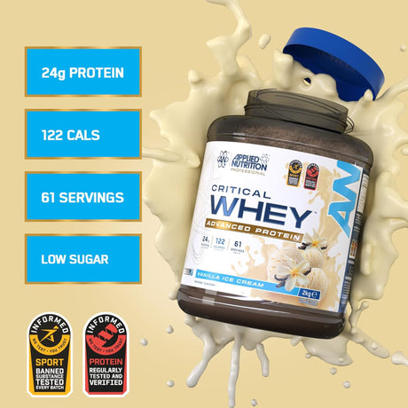 Applied Nutrition Critical Whey Advanced Protein, 2kg Vanilla Ice Cream flavor, highlighting 24g protein, 122 calories, low sugar, and Informed Sport certification.