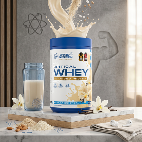 Applied Nutrition Critical Whey Vanilla Ice Cream 825g protein powder, 100% authentic supplement, available at Gym Supplements U.S.