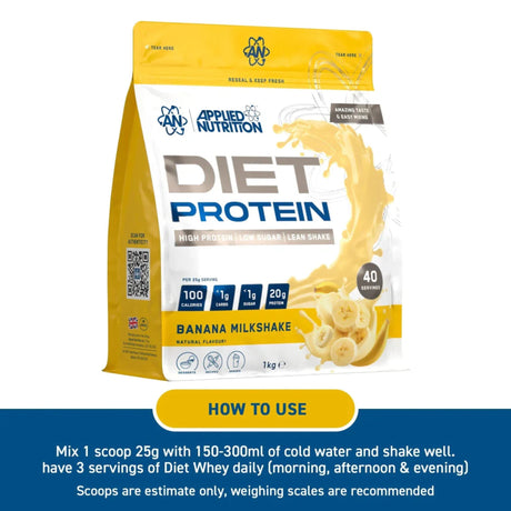 Applied Nutrition Diet Whey Protein Banana Milkshake 1kg tub, featuring 20g of protein, <1g of sugar, and 100 calories per serving. An ideal lean shake for muscle support and weight management.