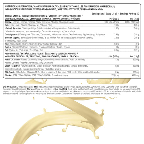 Nutritional information label for Applied Nutrition Diet Whey Protein, highlighting 20g of protein, whey blend, and active ingredients including CLA, Acetyl L-Carnitine, and Green Tea Extract