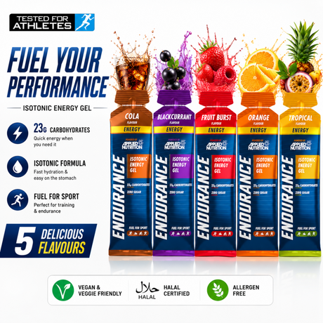 Applied Nutrition Endurance Isotonic Energy Gel displaying 5 flavours: Cola, Blackcurrant, Fruit Burst, Orange, and Tropical.