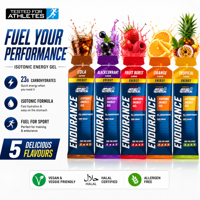 Applied Nutrition Endurance Isotonic Energy Gel displaying 5 flavours: Cola, Blackcurrant, Fruit Burst, Orange, and Tropical.