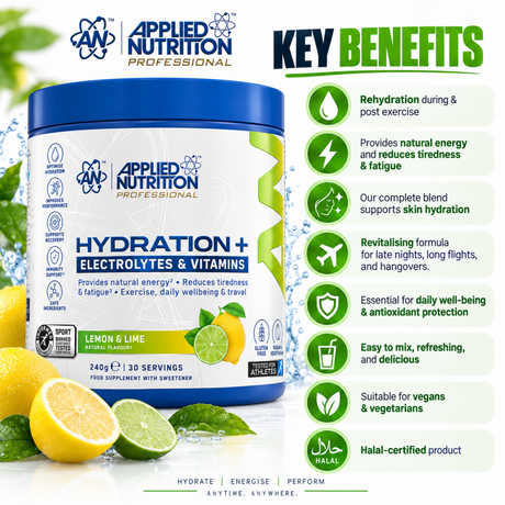 Applied Nutrition Hydration Plus Lemon and Lime 240g with electrolytes and vitamins for hydration