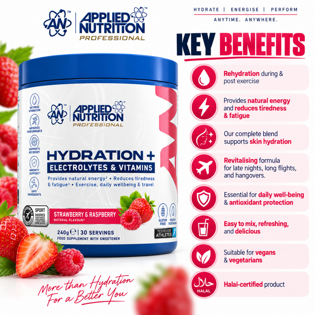 Applied Nutrition Hydration Plus Strawberry and Raspberry 240g electrolytes and vitamins hydration supplement
