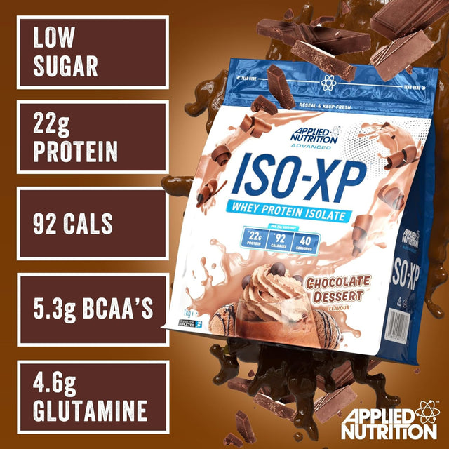 Applied Nutrition ISO-XP Whey Protein Isolate Chocolate Dessert flavour – low sugar high protein whey isolate with 22g protein, 92 calories, BCAAs and glutamine.