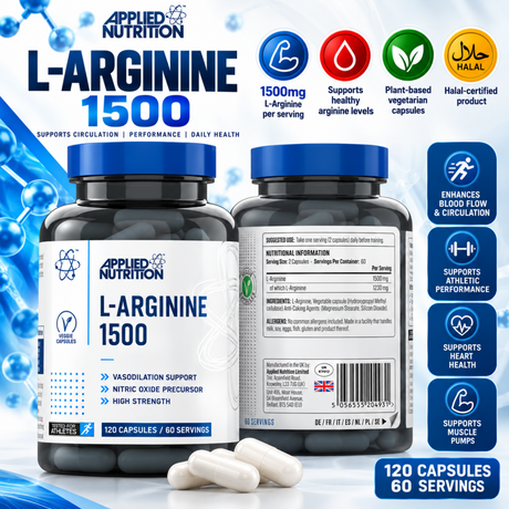 Applied Nutrition L-Arginine 1500 capsules infographic showing 1500mg per serving, vegetarian capsules, halal certification and product benefits.