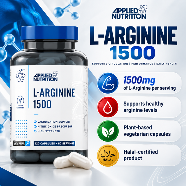 Applied Nutrition L-Arginine 1500mg supplement with 120 vegetarian capsules, supporting nitric oxide production, circulation and daily health.
