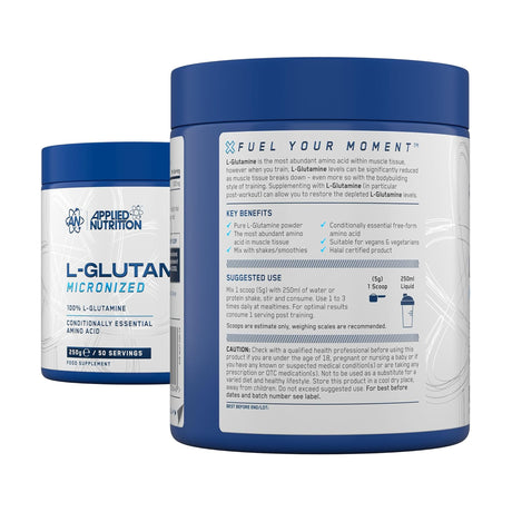 Applied Nutrition L-Glutamine Micronized powder tub (250g) showing key benefits, Halal certification, and suitability for vegans and vegetarians