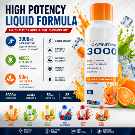 Applied Nutrition Liquid L-Carnitine 3000 Tangy Orange flavor (32 Servings) showing 3000 mg L-Carnitine, Vitamin C, and Green Tea extract for fat loss and energy.
