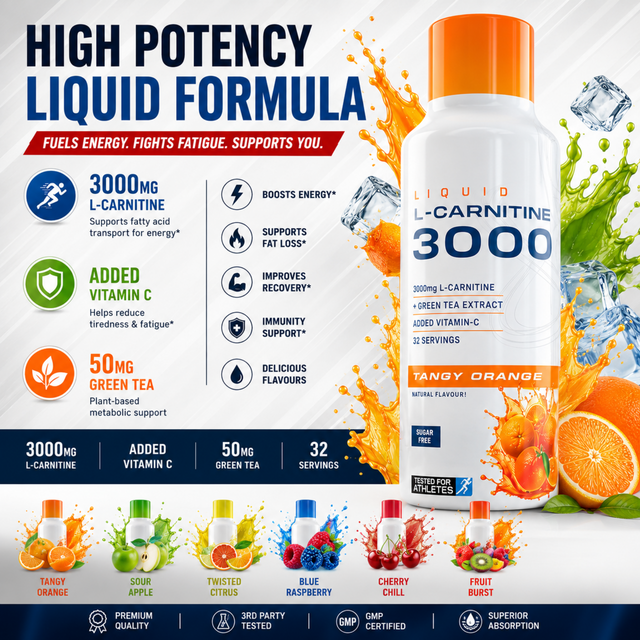 Applied Nutrition Liquid L-Carnitine 3000 Tangy Orange flavor (32 Servings) showing 3000 mg L-Carnitine, Vitamin C, and Green Tea extract for fat loss and energy.