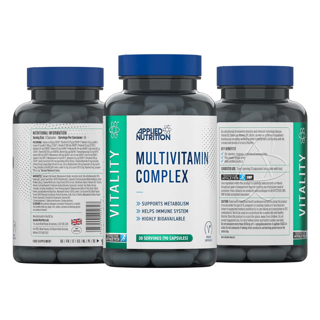 Three bottles of Applied Nutrition Multivitamin Complex - Vitality supplement clearly displaying the full nutritional facts panel, including vitamin, mineral, and ingredient breakdowns, and the key benefits label.