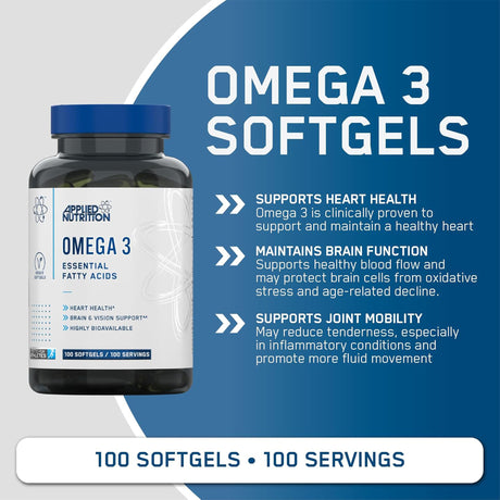 Applied Nutrition Omega 3 Softgels product card, highlighting heart, brain, and joint health benefits.