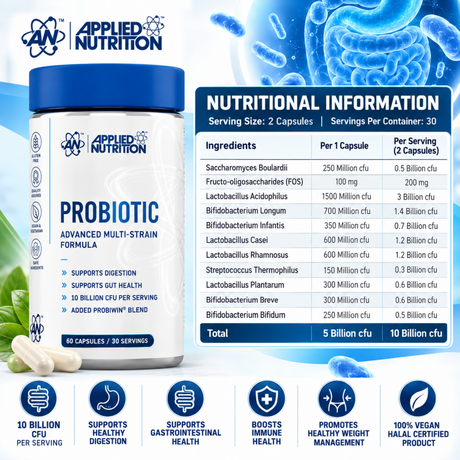 Applied Nutrition Probiotic ingredients and nutritional information with 10 billion CFU per serving