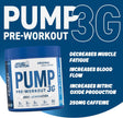 Applied Nutrition Pump 3G Pre-Workout in Icy Blue Raz flavor. Key ingredients include 5g Citrulline, 3g AAKG, 3g Creatine, and 2g Beta-Alanine with 250mg of Caffeine for increased blood flow and reduced muscle fatigue.