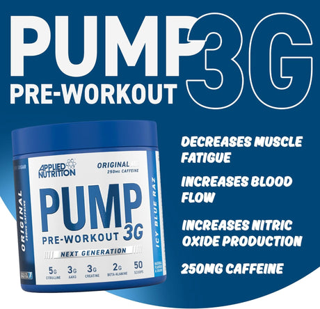 Applied Nutrition Pump 3G Pre-Workout in Icy Blue Raz flavor. Key ingredients include 5g Citrulline, 3g AAKG, 3g Creatine, and 2g Beta-Alanine with 250mg of Caffeine for increased blood flow and reduced muscle fatigue.