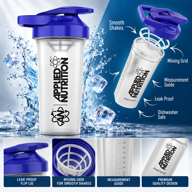 Applied Nutrition blue shaker bottle with leak-proof flip lid and mixing grid
