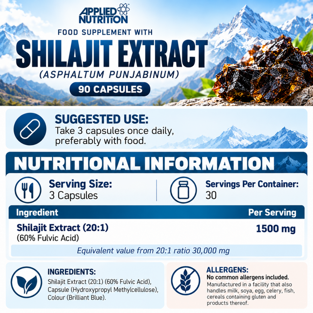 Applied Nutrition Shilajit Extract 1500mg with 60% Fulvic Acid, 90 capsules