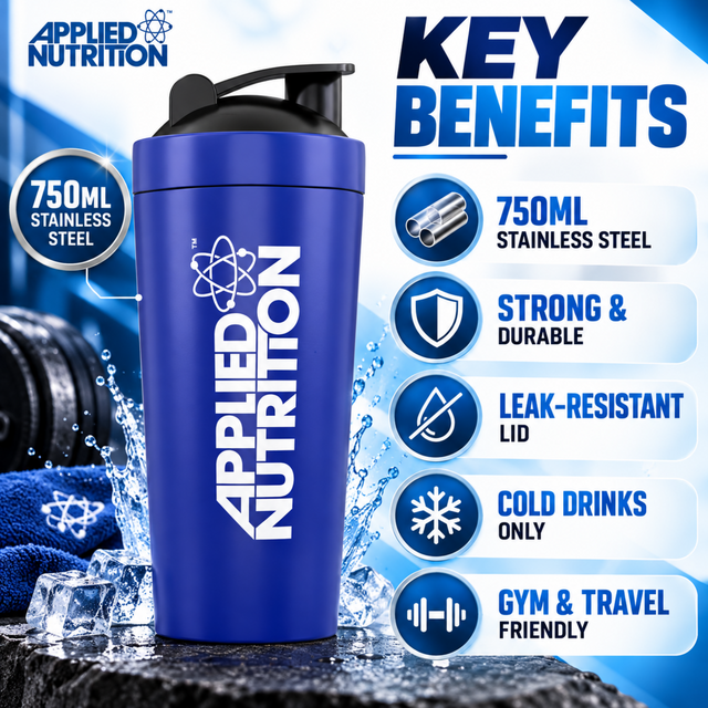 Applied Nutrition 750ml stainless steel shaker with durable leak-resistant lid
