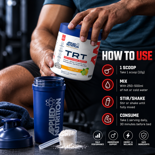 Applied Nutrition TRT Testosterone Support 300g powder how-to-use guide with 10g scoop and water mixing instructions.