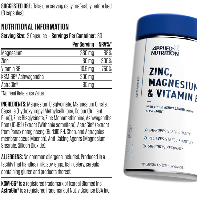 Nutritional information table for Applied Nutrition ZMA showing 330mg Magnesium, 30mg Zinc, and 200mg KSM-66 Ashwagandha per serving.