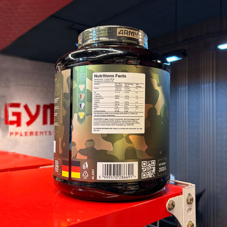 Nutritional facts for ARMY1 Whey Professional showing 21g protein and 6mg lactase enzyme