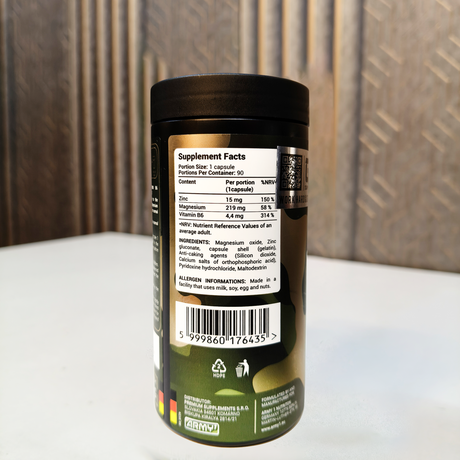 Army1 ZMA Pro Zinc Magnesium Vitamin B6 supplement facts label 90 capsules