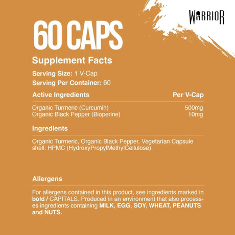 Warrior Turmeric Bioperine Supplement Facts label showing 500mg Organic Turmeric and 10mg Organic Black Pepper per vegan capsule serving.