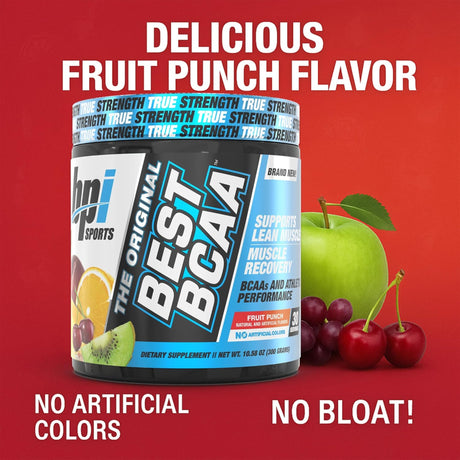 Authentic BPI Sports Best BCAA Fruit Punch 30 servings tub, a high-quality gym supplement for muscle recovery and athletic performance.